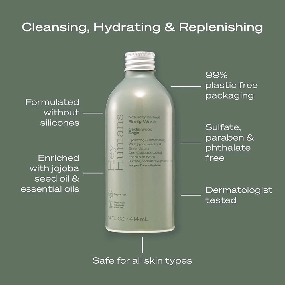 Hey Humans Naturally Derived Cedarwood Sage Body Wash 14 OZ metal bottle